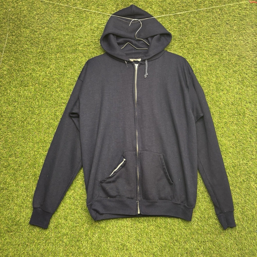 Vintage 70s Sears Kings Road Hoodie Mens Medium Tall Blue Full Zip USA Made Navy